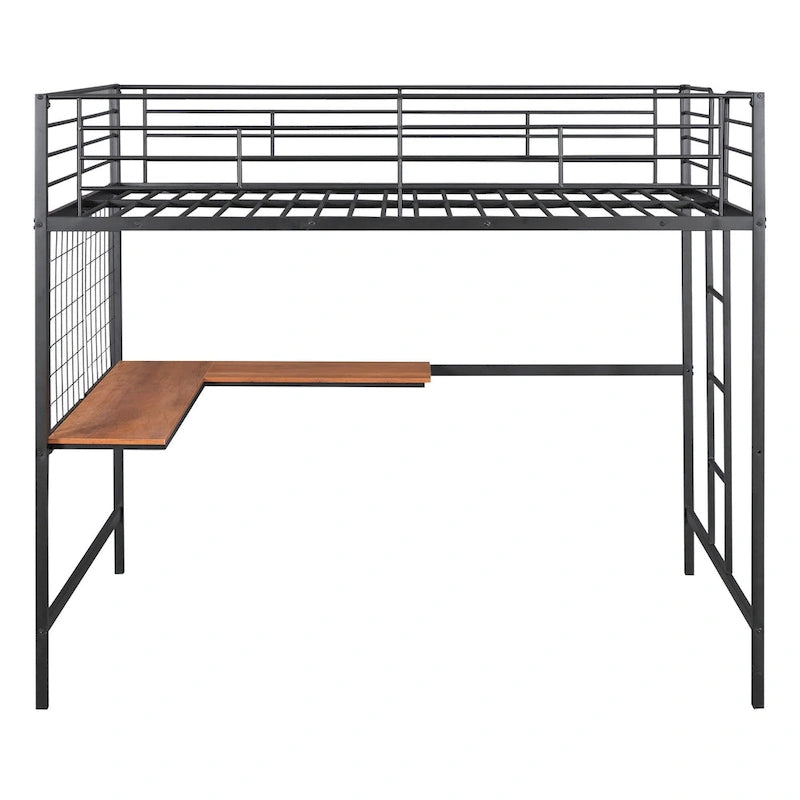 Lit mezzanine en métal avec bureau intégré, échelle et panneau de grille décoratif