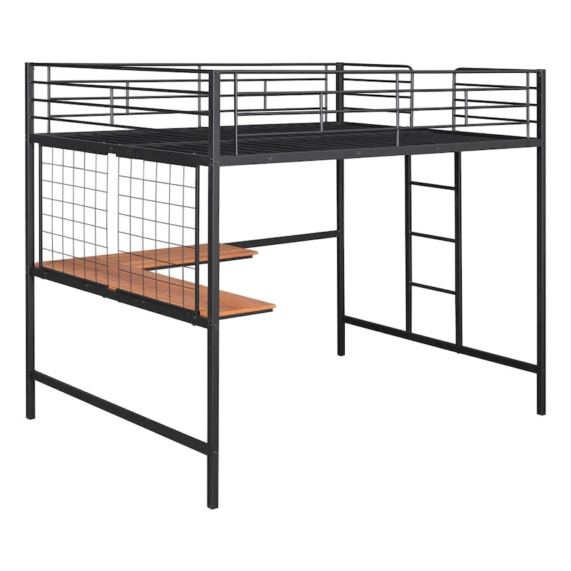 Lit mezzanine en métal avec bureau intégré, échelle et panneau de grille décoratif
