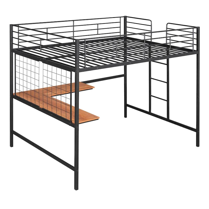 Lit mezzanine en métal avec bureau intégré, échelle et panneau de grille décoratif