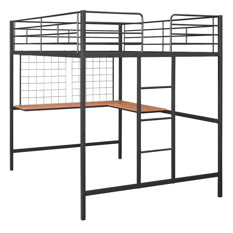 Lit mezzanine en métal avec bureau intégré, échelle et panneau de grille décoratif