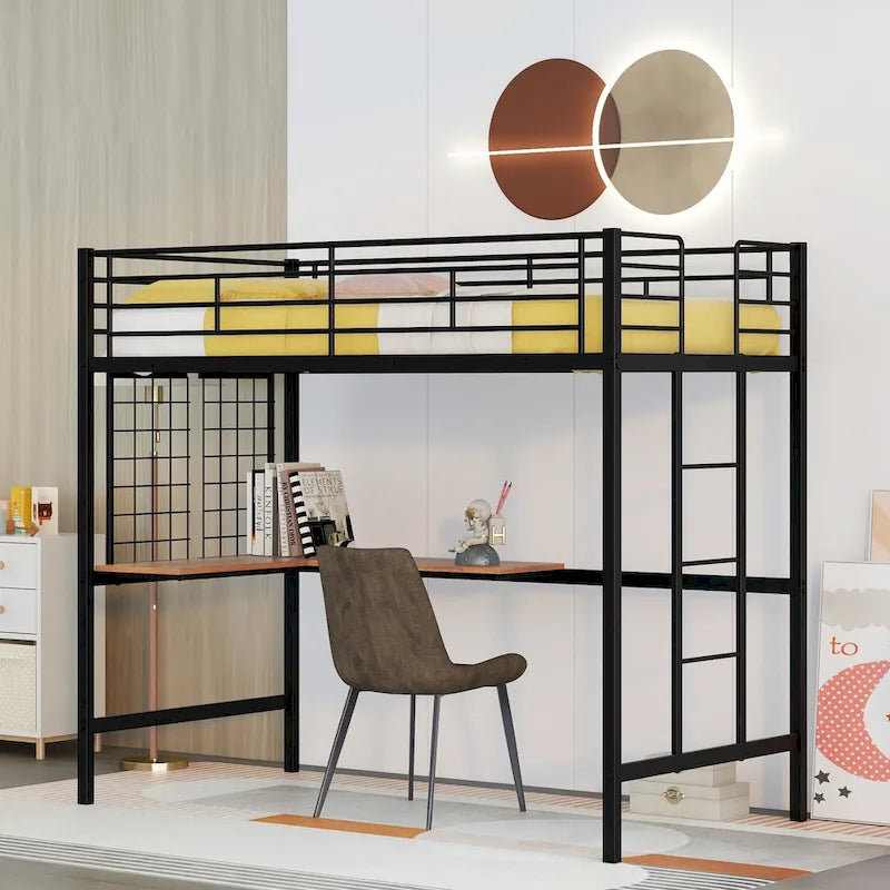 Lit mezzanine en métal avec bureau intégré, échelle et panneau de grille décoratif