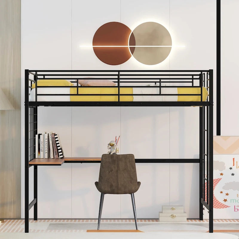 Lit mezzanine en métal avec bureau intégré, échelle et panneau de grille décoratif