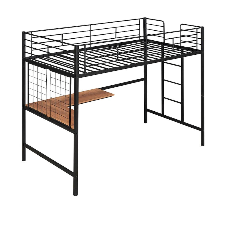Lit mezzanine en métal avec bureau intégré, échelle et panneau de grille décoratif