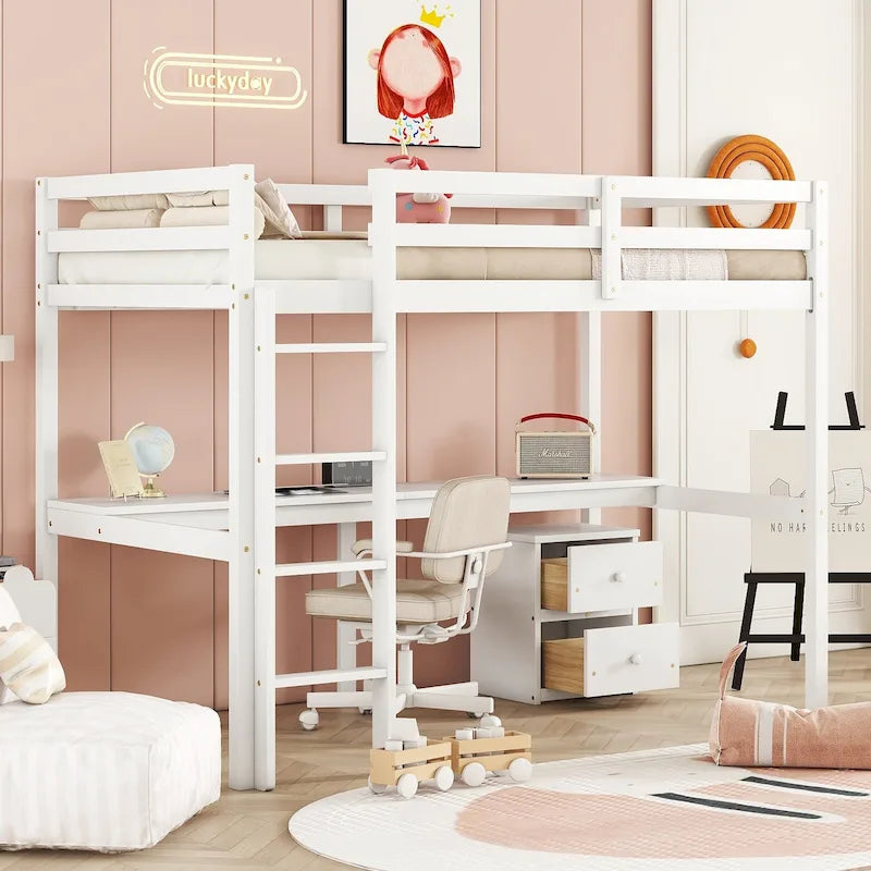 Lit mezzanine jumeau avec bureau intégré et armoire de rangement