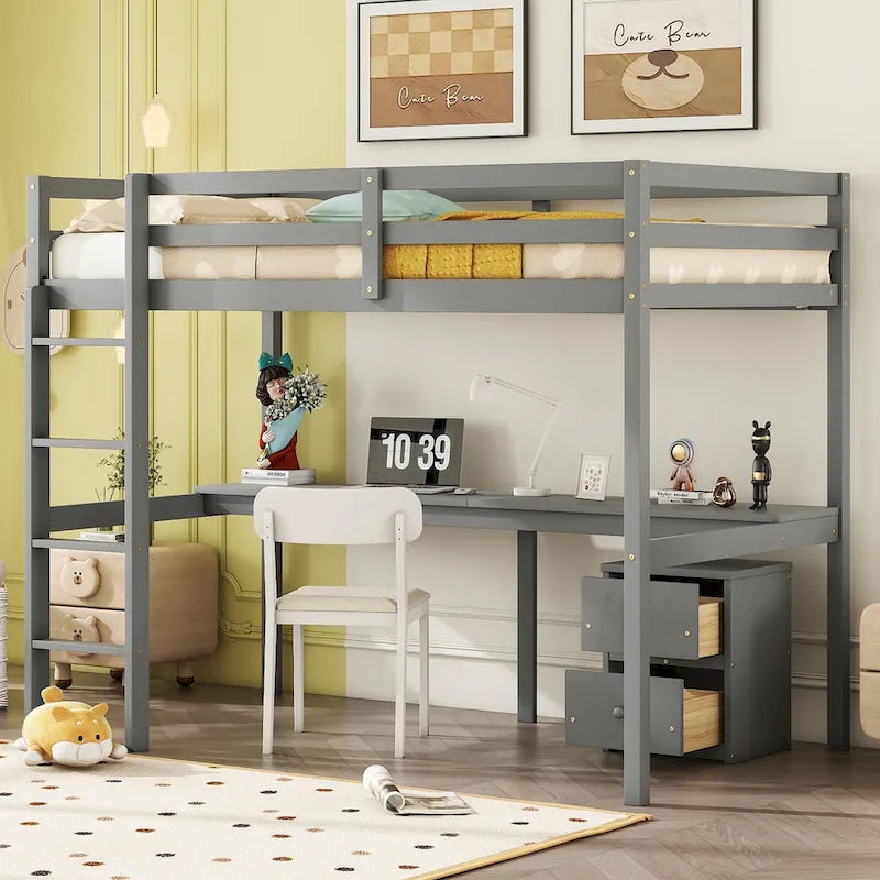 Lit mezzanine jumeau avec bureau intégré et armoire de rangement