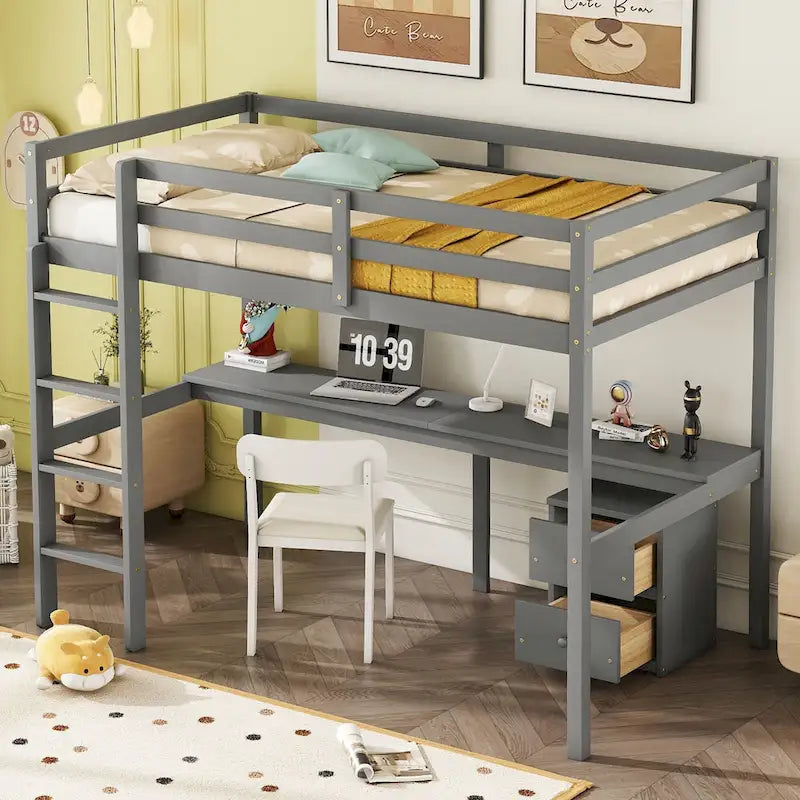 Lit mezzanine jumeau avec bureau intégré et armoire de rangement