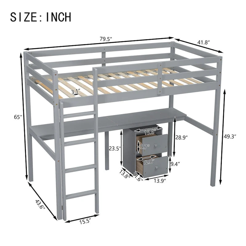 Lit mezzanine jumeau avec bureau intégré et armoire de rangement