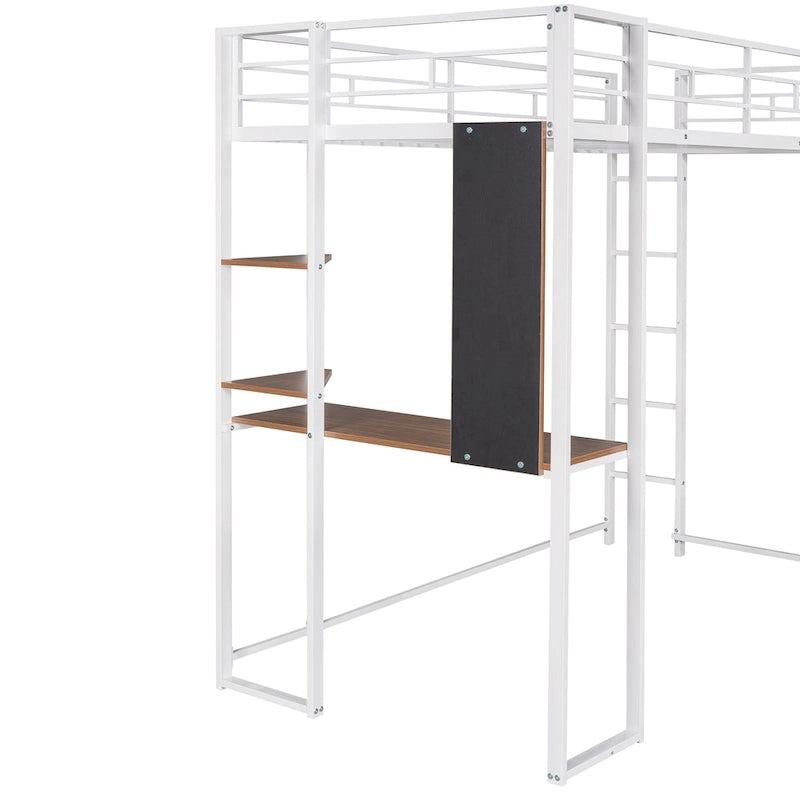 Lit mezzanine simple en métal avec bureau intégré, étagères et barrières de sécurité