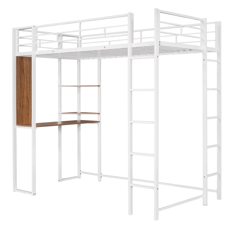 Lit mezzanine simple en métal avec bureau intégré, étagères et barrières de sécurité