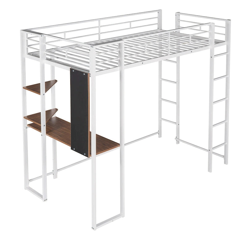 Lit mezzanine simple en métal avec bureau intégré, étagères et barrières de sécurité