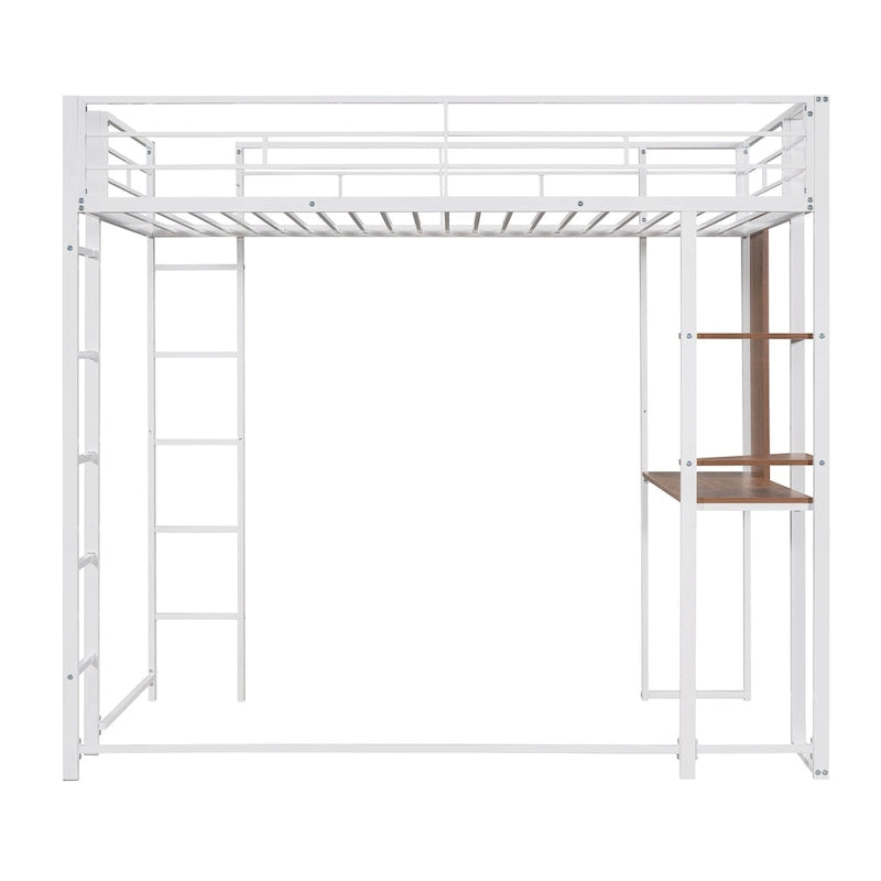 Lit mezzanine simple en métal avec bureau intégré, étagères et barrières de sécurité