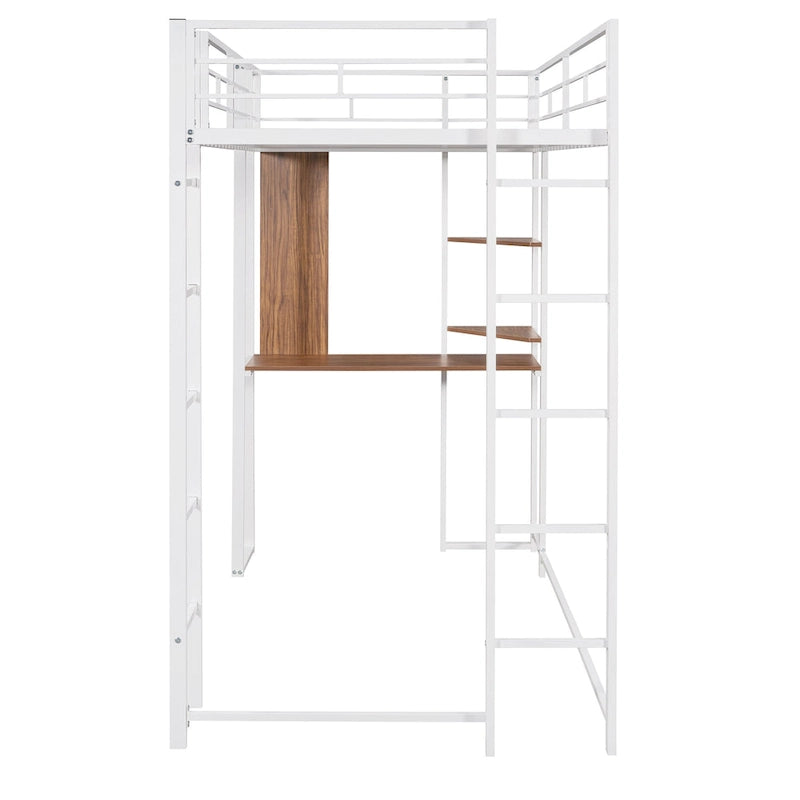 Lit mezzanine simple en métal avec bureau intégré, étagères et barrières de sécurité