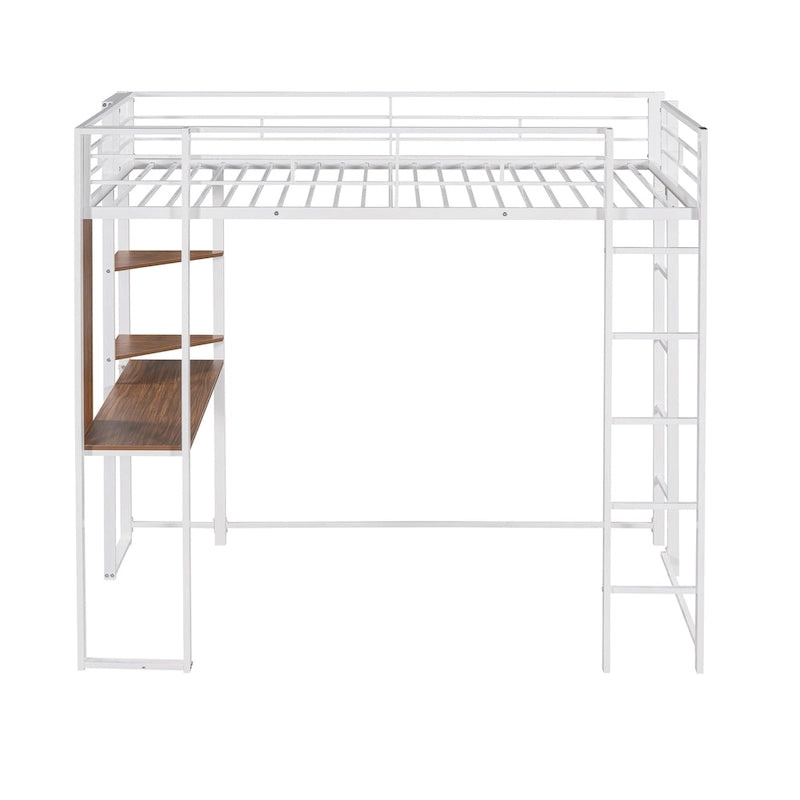 Lit mezzanine simple en métal avec bureau intégré, étagères et barrières de sécurité