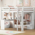 Lit mezzanine en bois pleine grandeur avec bureau en L, armoire et étagères de rangement