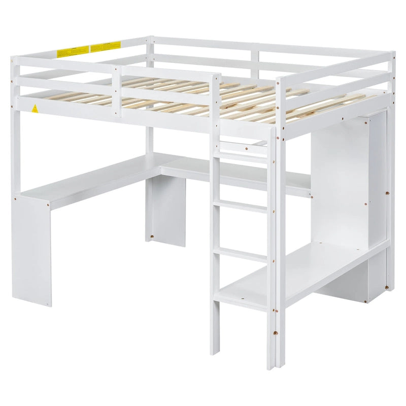 Lit mezzanine en bois pleine grandeur avec bureau en L, armoire et étagères de rangement