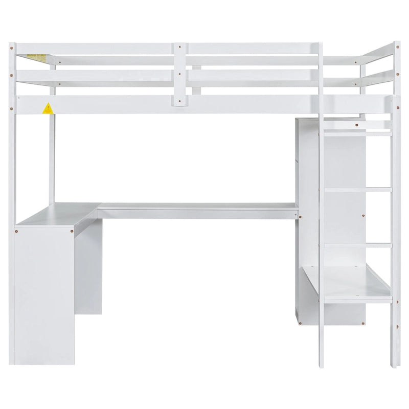 Lit mezzanine en bois pleine grandeur avec bureau en L, armoire et étagères de rangement