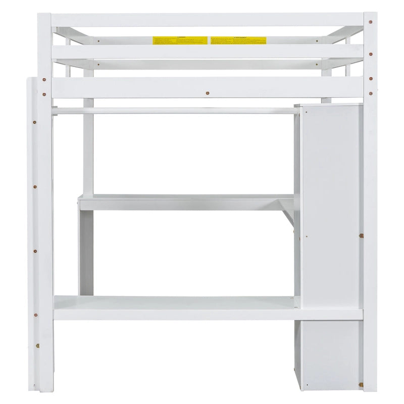 Lit mezzanine en bois pleine grandeur avec bureau en L, armoire et étagères de rangement