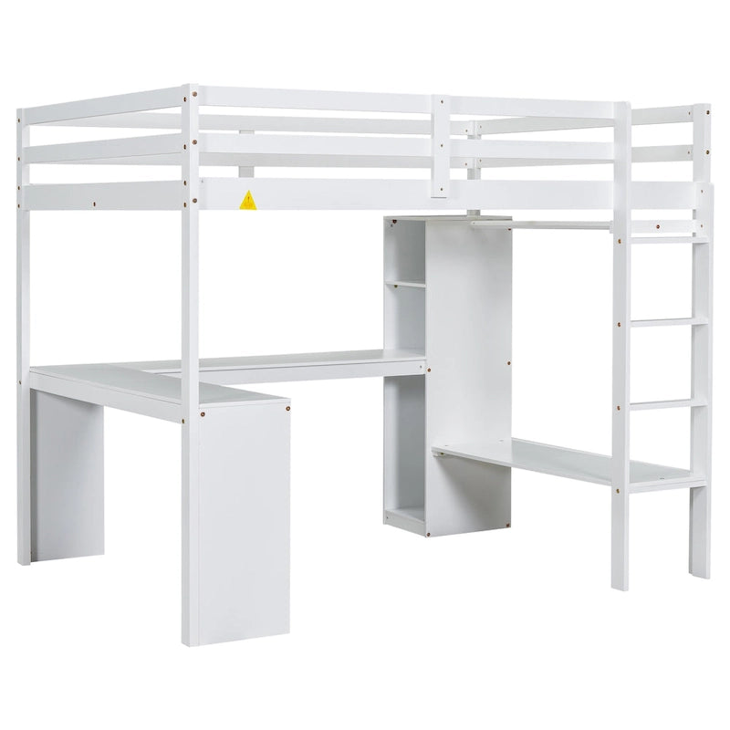 Lit mezzanine en bois pleine grandeur avec bureau en L, armoire et étagères de rangement