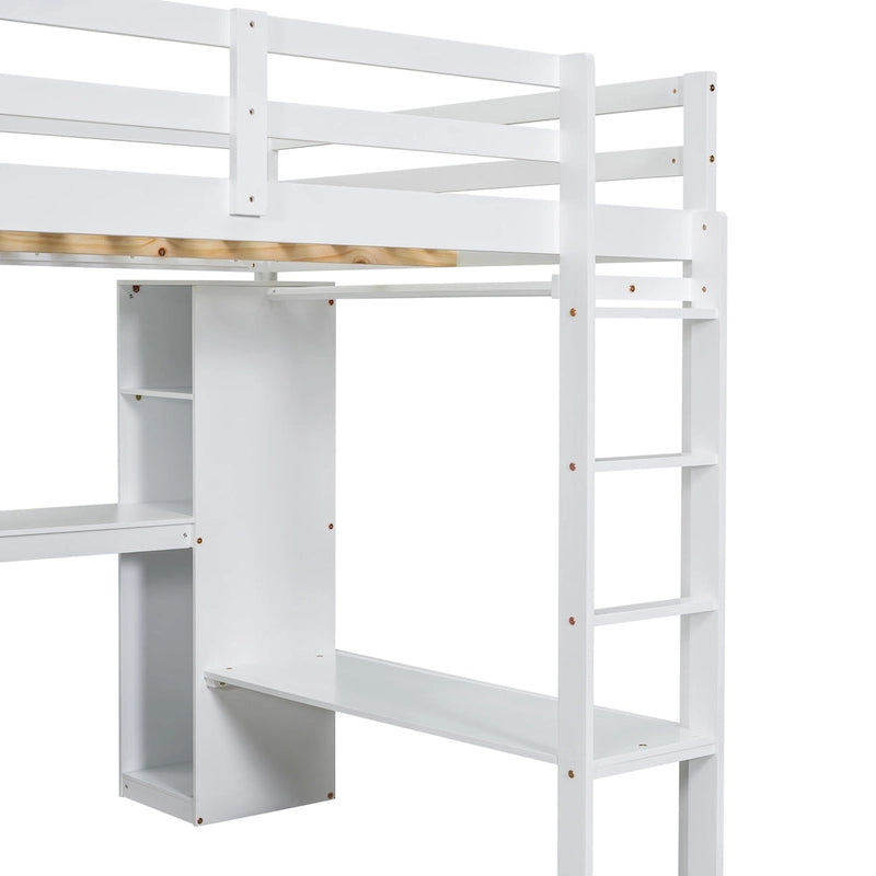 Lit mezzanine en bois pleine grandeur avec bureau en L, armoire et étagères de rangement