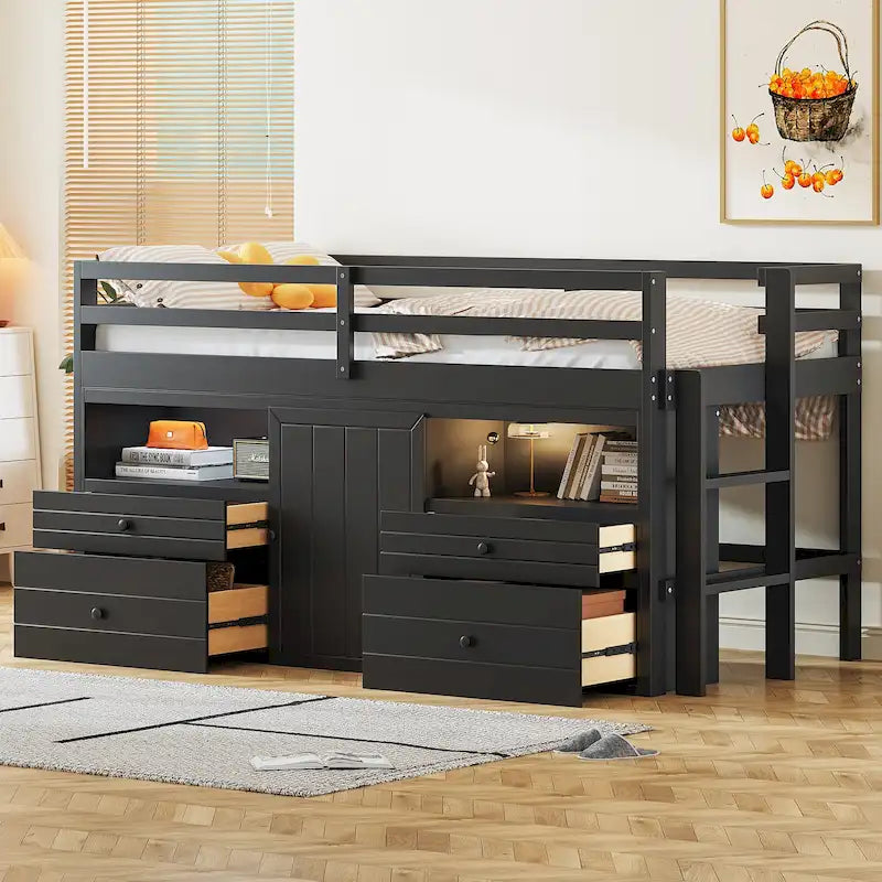 Lit mezzanine en bois massif de taille double avec 4 tiroirs, une armoire et des étagères