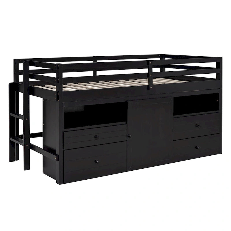 Lit mezzanine en bois massif de taille double avec 4 tiroirs, une armoire et des étagères