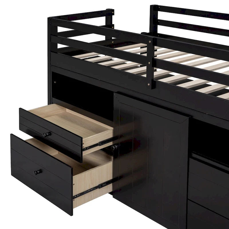 Lit mezzanine en bois massif de taille double avec 4 tiroirs, une armoire et des étagères