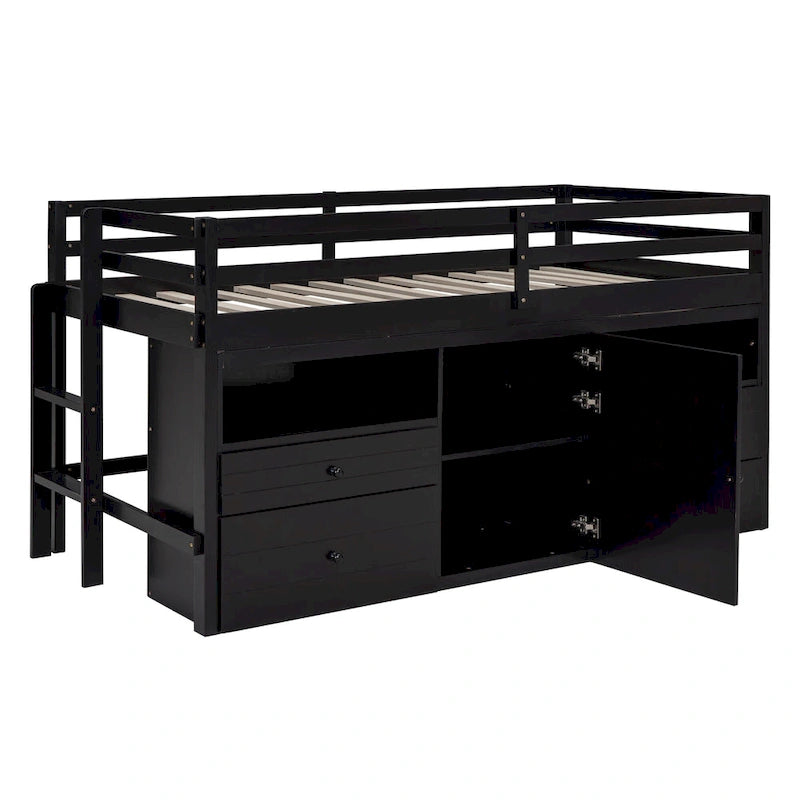 Lit mezzanine en bois massif de taille double avec 4 tiroirs, une armoire et des étagères