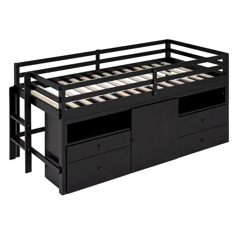 Lit mezzanine en bois massif de taille double avec 4 tiroirs, une armoire et des étagères