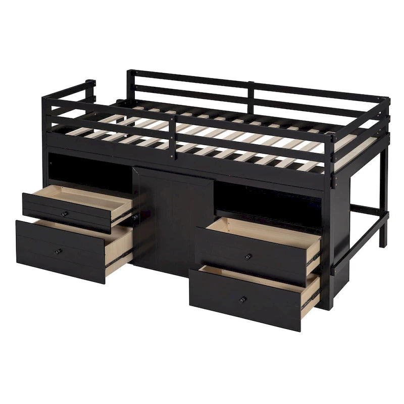 Lit mezzanine en bois massif de taille double avec 4 tiroirs, une armoire et des étagères