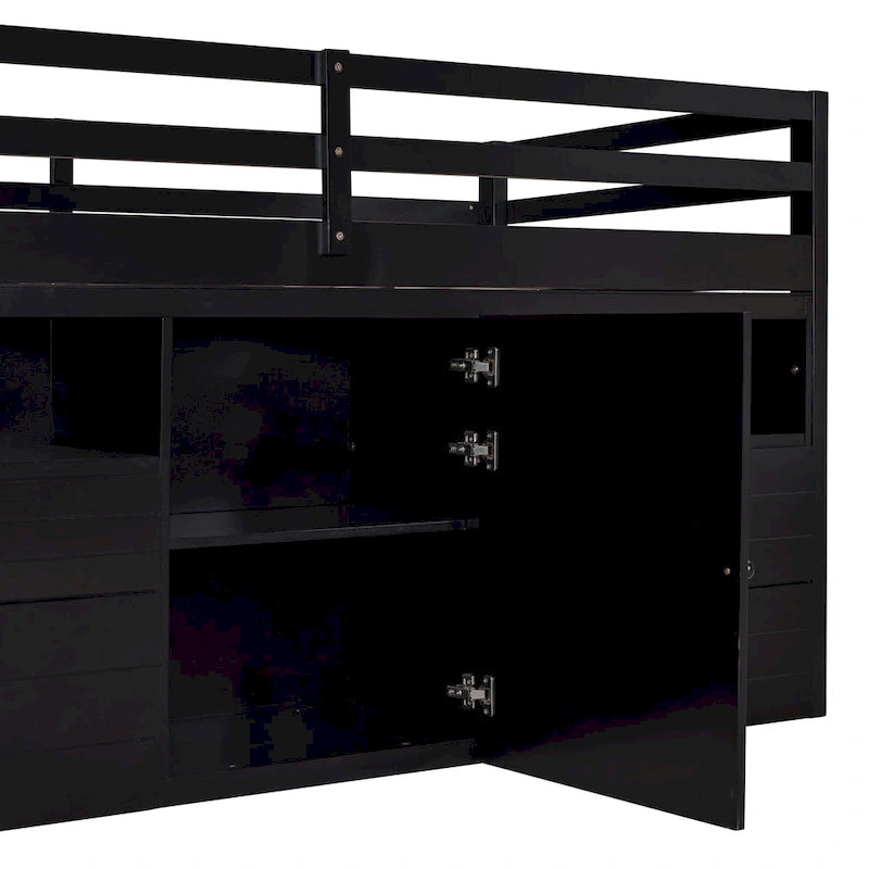 Lit mezzanine en bois massif de taille double avec 4 tiroirs, une armoire et des étagères