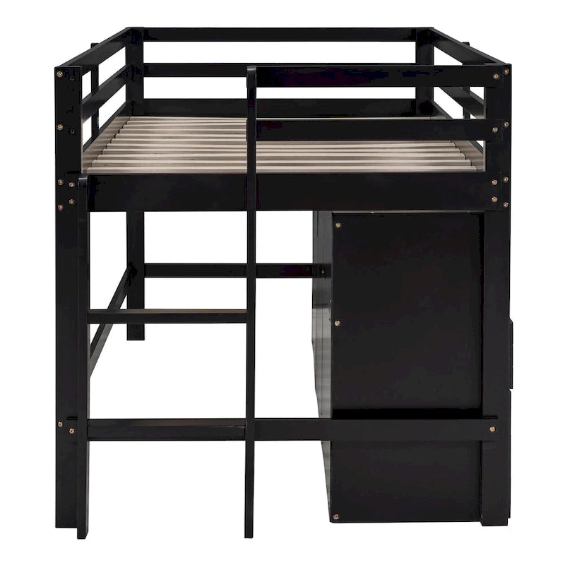 Lit mezzanine en bois massif de taille double avec 4 tiroirs, une armoire et des étagères