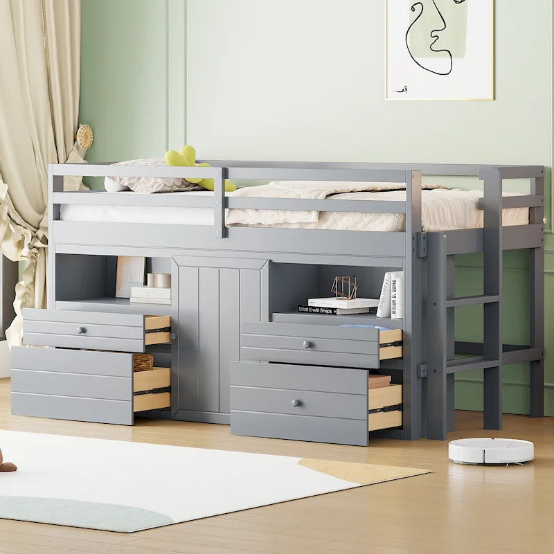 Lit mezzanine gris en bois massif pour jumeaux avec 4 tiroirs, armoire basse et étagères