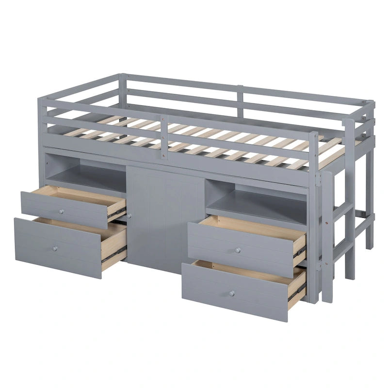 Lit mezzanine gris en bois massif pour jumeaux avec 4 tiroirs, armoire basse et étagères