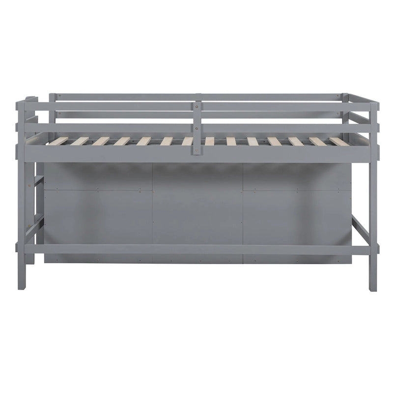 Lit mezzanine gris en bois massif pour jumeaux avec 4 tiroirs, armoire basse et étagères