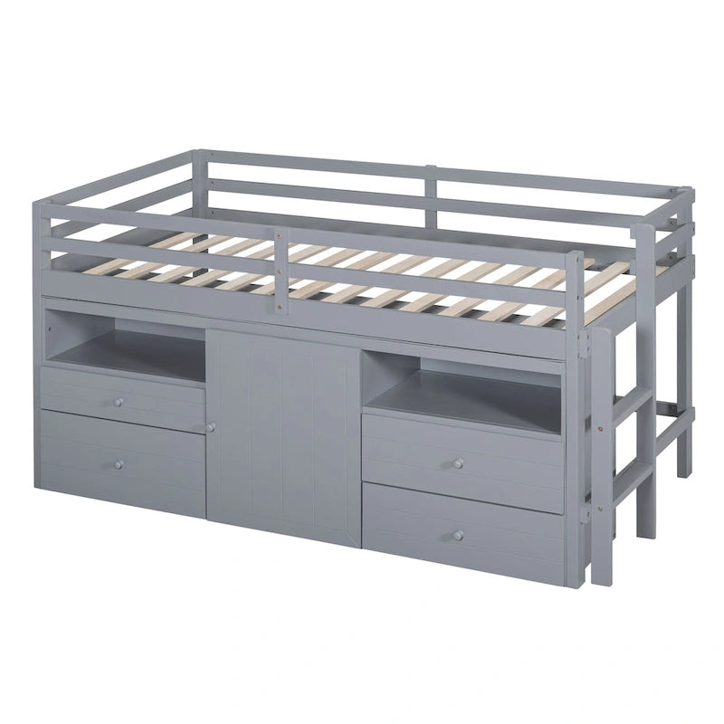 Lit mezzanine gris en bois massif pour jumeaux avec 4 tiroirs, armoire basse et étagères