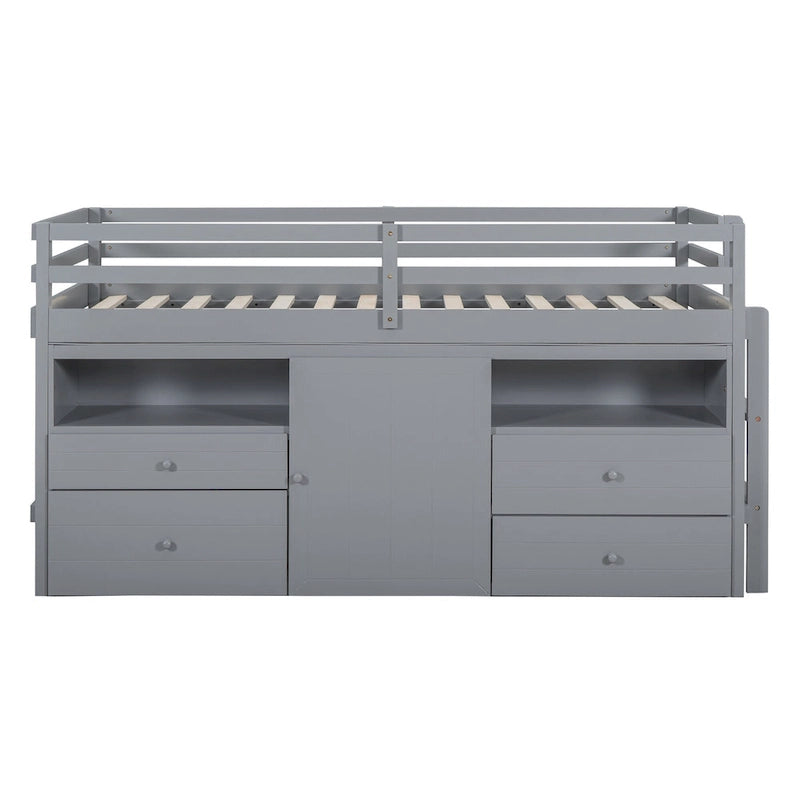 Lit mezzanine gris en bois massif pour jumeaux avec 4 tiroirs, armoire basse et étagères