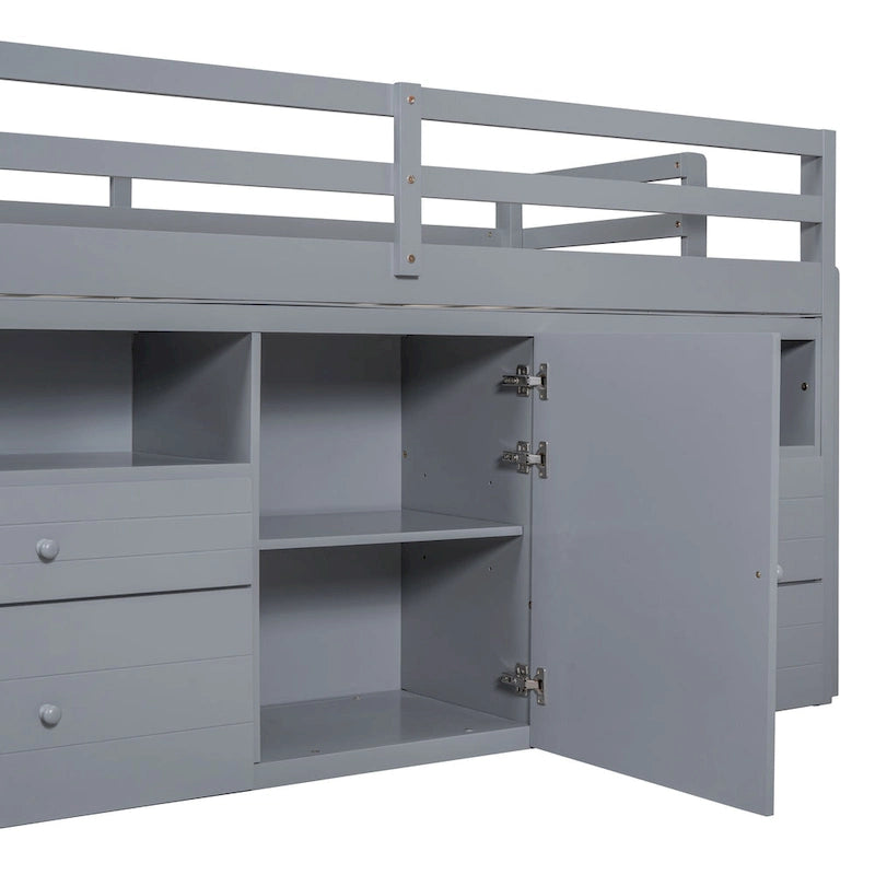 Lit mezzanine gris en bois massif pour jumeaux avec 4 tiroirs, armoire basse et étagères