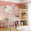 Lit mezzanine en métal pour enfant avec toit, fenêtre, barrières de sécurité et échelle