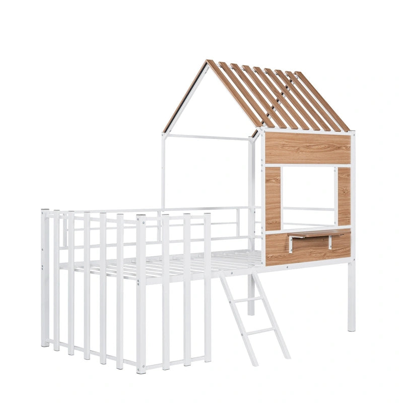 White Twin Size Metal Loft Bed with Roof, Window, Guardrail, and Ladder