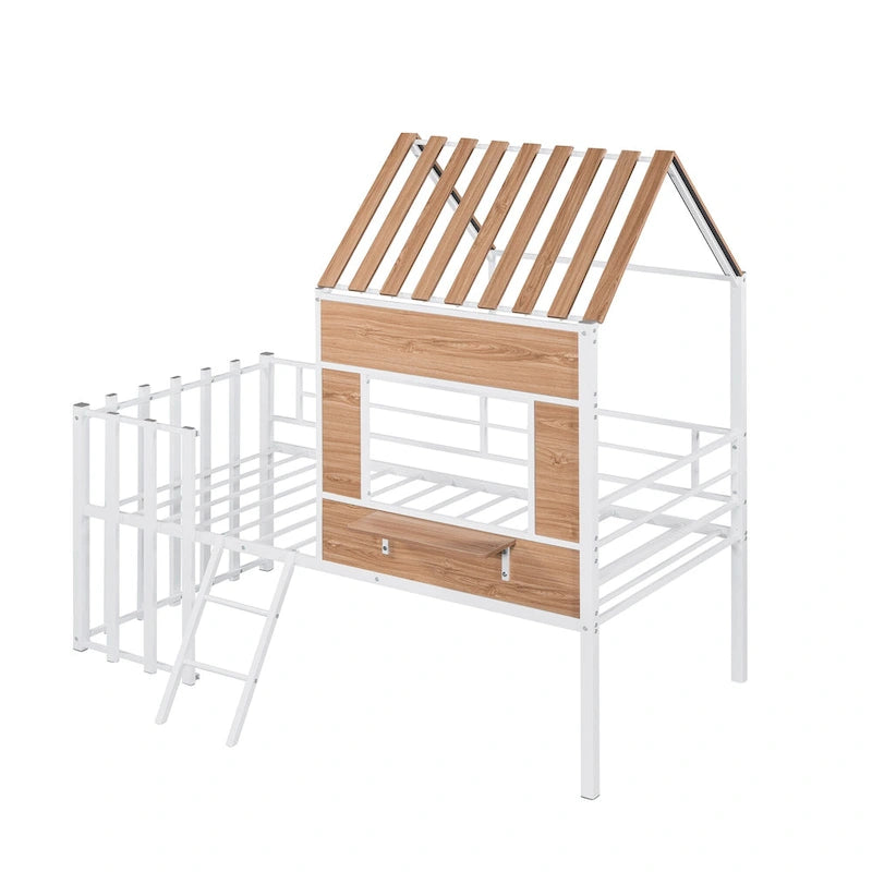 Lit mezzanine en métal pour enfant avec toit, fenêtre, barrières de sécurité et échelle