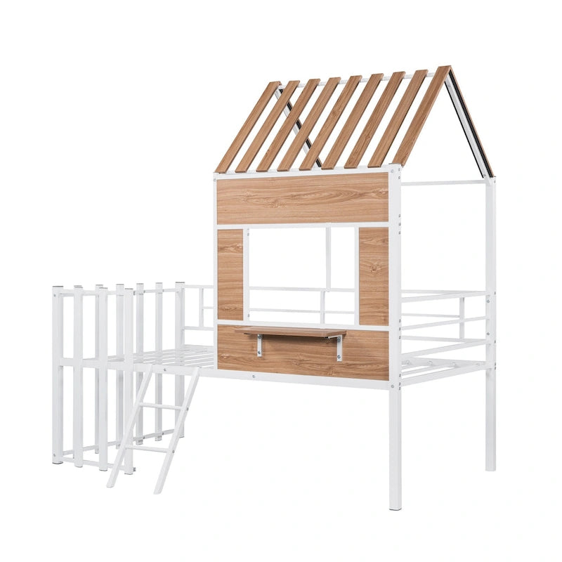 Lit mezzanine en métal pour enfant avec toit, fenêtre, barrières de sécurité et échelle
