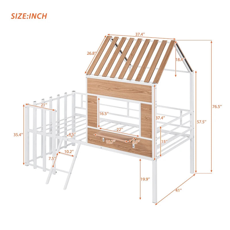 Lit mezzanine en métal pour enfant avec toit, fenêtre, barrières de sécurité et échelle