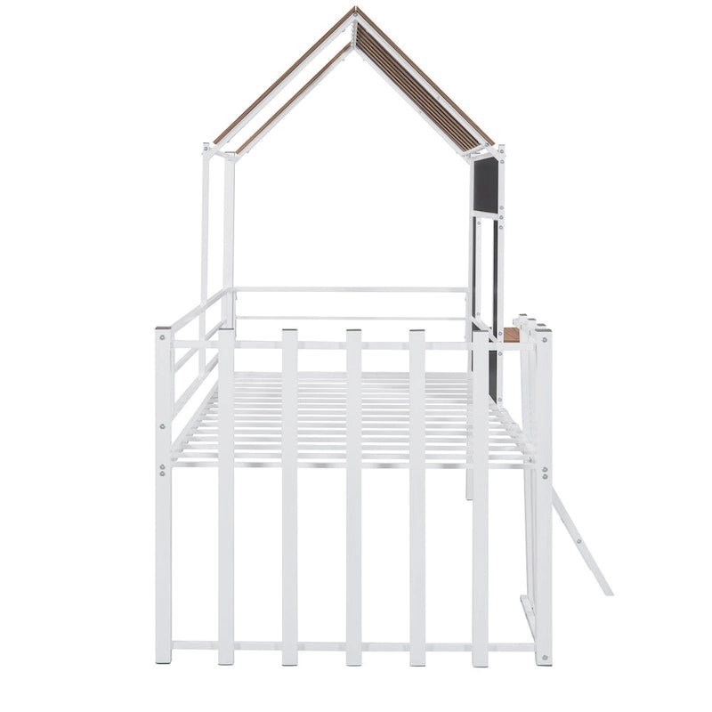 Lit mezzanine en métal pour enfant avec toit, fenêtre, barrières de sécurité et échelle