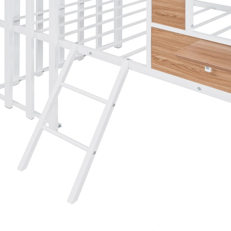 Lit mezzanine en métal pour enfant avec toit, fenêtre, barrières de sécurité et échelle