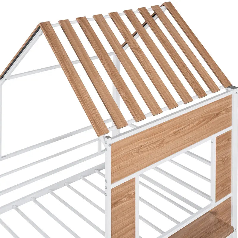 Lit mezzanine en métal pour enfant avec toit, fenêtre, barrières de sécurité et échelle