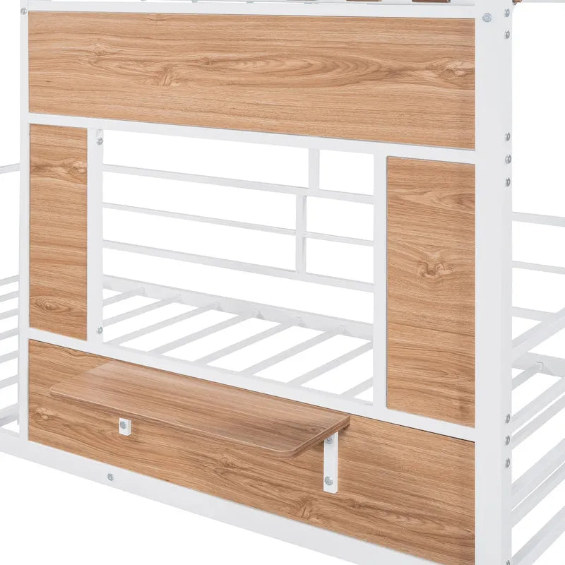 Lit mezzanine en métal pour enfant avec toit, fenêtre, barrières de sécurité et échelle