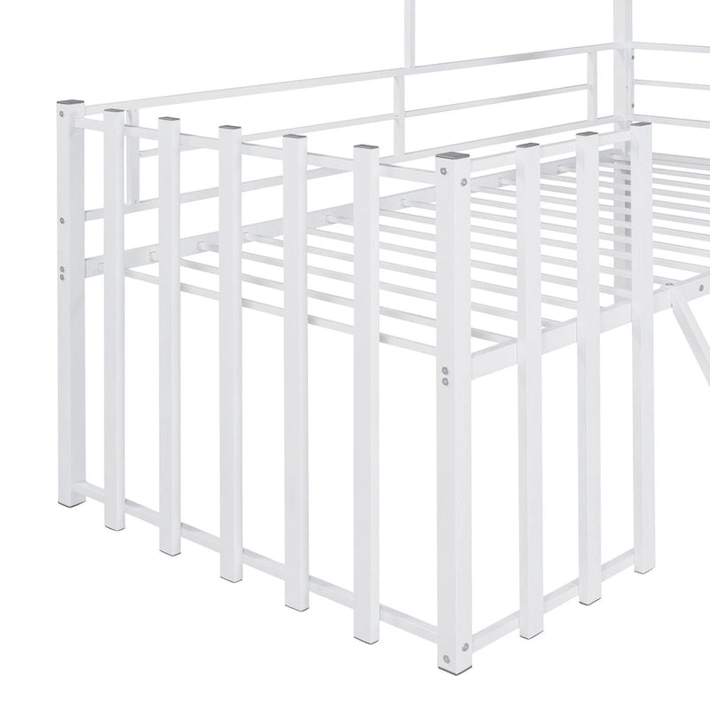 Lit mezzanine en métal pour enfant avec toit, fenêtre, barrières de sécurité et échelle
