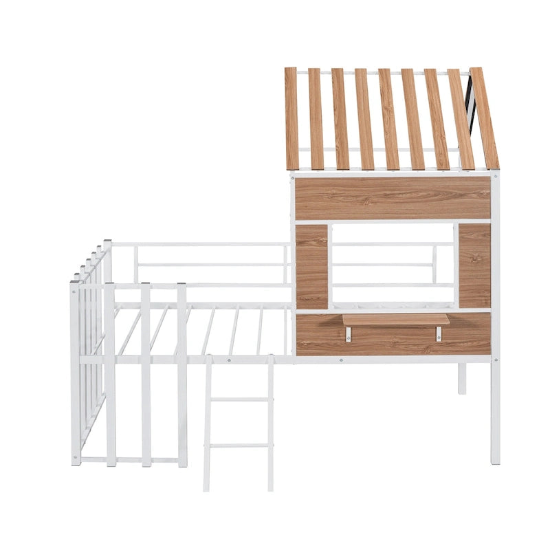 Lit mezzanine en métal pour enfant avec toit, fenêtre, barrières de sécurité et échelle