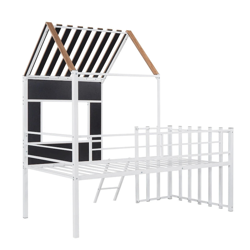 Lit mezzanine en métal pour enfant avec toit, fenêtre, barrières de sécurité et échelle