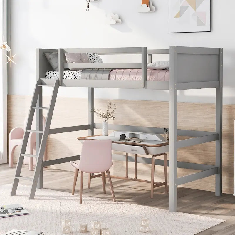 Lit mezzanine simple en pin massif avec échelle et barrières de sécurité